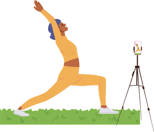 Une entraîneuse sportive enregistre un tutoriel vidéo de cours d'exercices de Pilates pour les réseaux sociaux sur un smartphone  Illustration