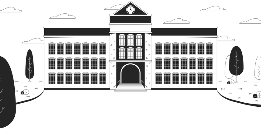 Entrée du bâtiment scolaire avec cour  Illustration