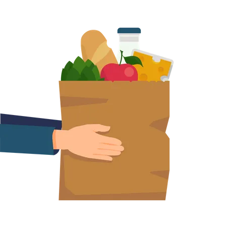 Entrega de comida com as mãos segurando uma sacola de papel cheia de mercadorias e produtos, incluindo pão, leite, legumes e queijo  Ilustração