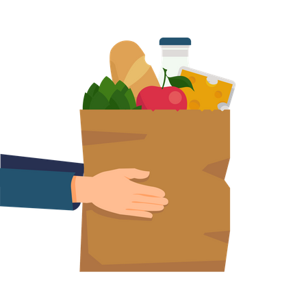 Entrega de comida con las manos sosteniendo una bolsa de papel llena de bienes y productos, incluidos pan, leche, verduras y queso  Ilustración
