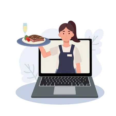 Entrega de comida en línea desde servicios de restaurante y cafetería.  Ilustración