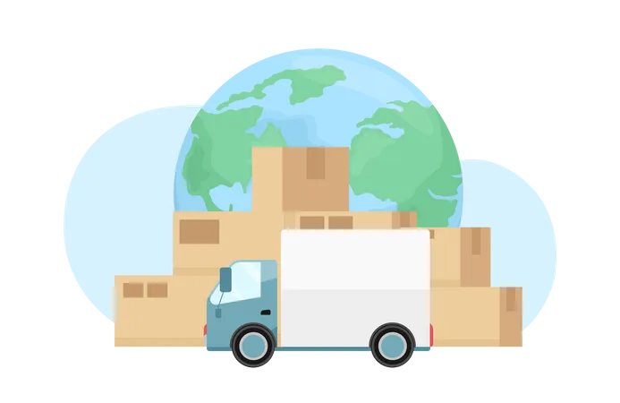 Paquetes de entrega con furgoneta de carga.  Ilustración
