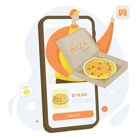Ilustracion De Pedir Una Pizza Mediante Una Aplicacion Movil Para El Concepto De Pizzeria En Linea Ilustración