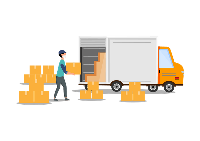 Trabalhador de entrega carregando caixas em caminhão  Ilustração