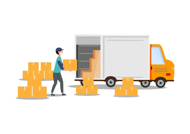 Trabalhador de entrega carregando caixas em caminhão  Ilustração