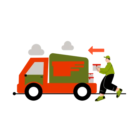 Entregador carregando encomendas em caminhão  Ilustração