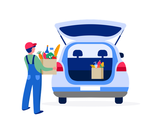 Entregador colocando caixa de supermercado no carro  Ilustração