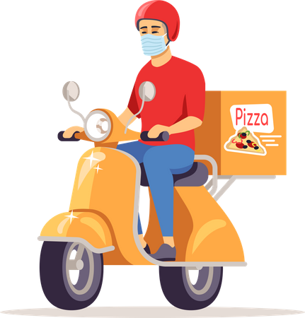 Entregador com máscara cirúrgica indo entregar pizza  Ilustração