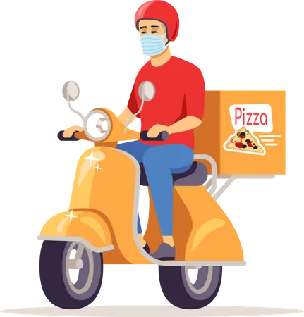 Entregador com máscara cirúrgica indo entregar pizza  Ilustração