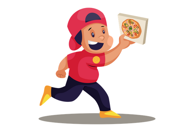 Entregador de pizza correndo com caixa de pizza  Ilustração