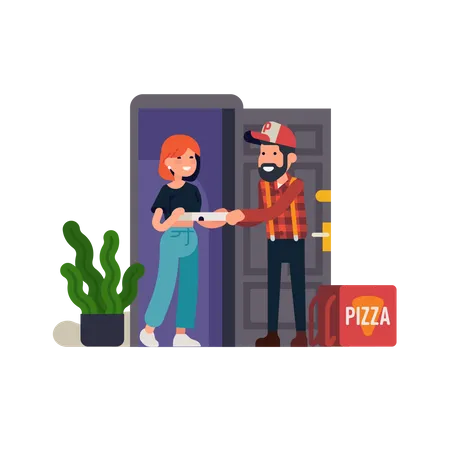 Entregador de pizza distribuindo uma caixa de pizza para um cliente parado na porta da frente  Ilustração