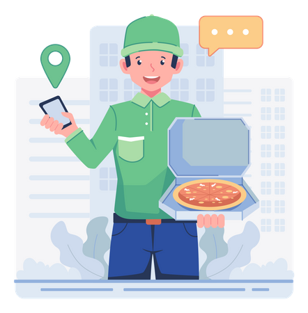 Entregador de pizza entregando pizza fresca  Ilustração
