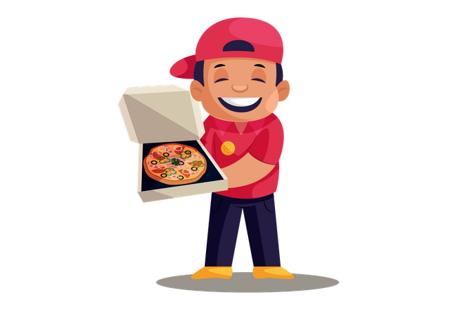 Entregador de pizza mostrando pizza na caixa  Ilustração