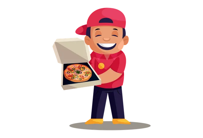 Entregador de pizza mostrando pizza na caixa  Ilustração