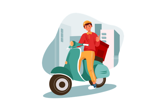 Entregador entrega pacote em uma scooter  Ilustração