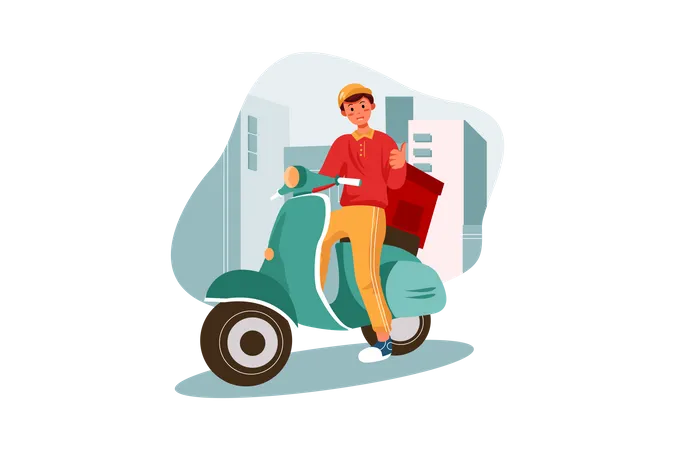 Entregador entrega pacote em uma scooter  Ilustração