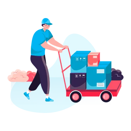 O entregador entrega pacotes múltiplos e pesados no carrinho de entrega  Ilustração