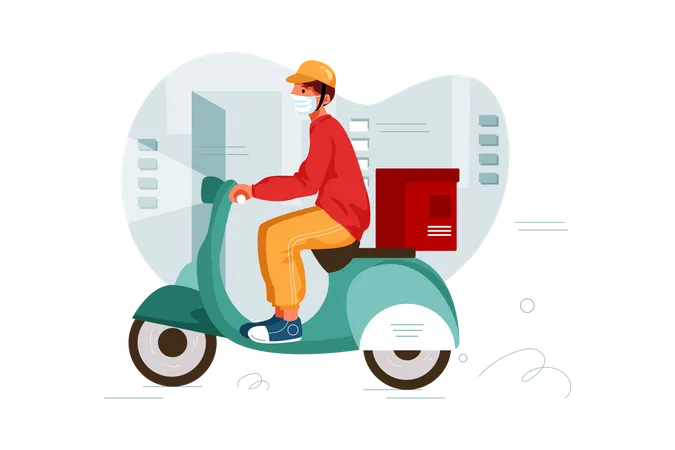 Entregador entrega pacote de pedidos em uma scooter  Ilustração