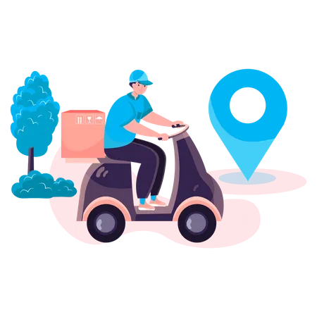 Entregador entrega pacote de pedidos em uma scooter  Ilustração