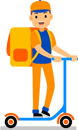 Entregador entregando com uma mochila grande nas costas andando de scooter  Ilustração