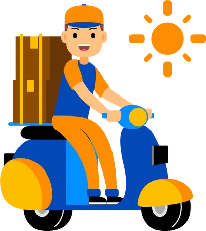 Entregador entregando um pacote em uma scooter  Ilustração