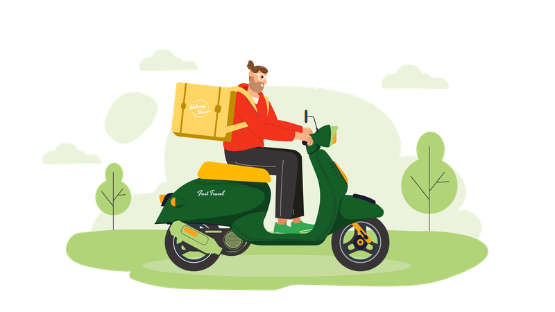 Entregador entregava comida em scooter  Ilustração