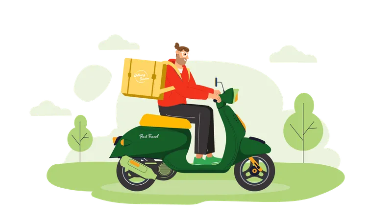 Entregador entregava comida em scooter  Ilustração