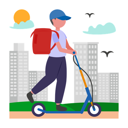 Entregador fazendo entrega em scooter  Ilustração