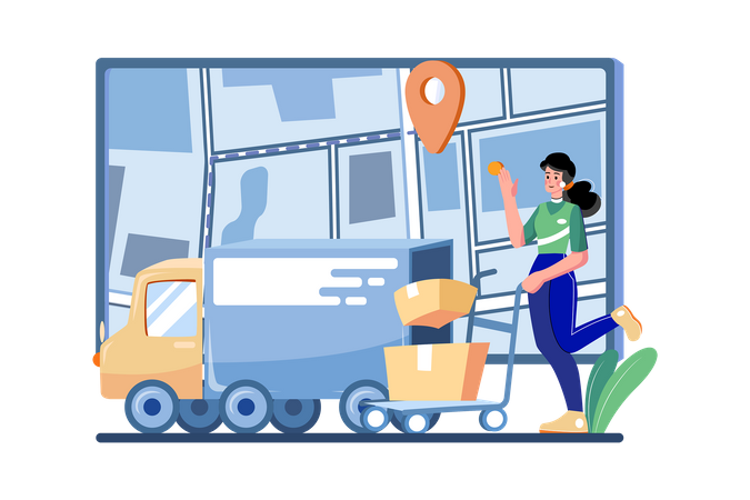 Entregadora feminina carregando caixas em caminhão  Ilustração