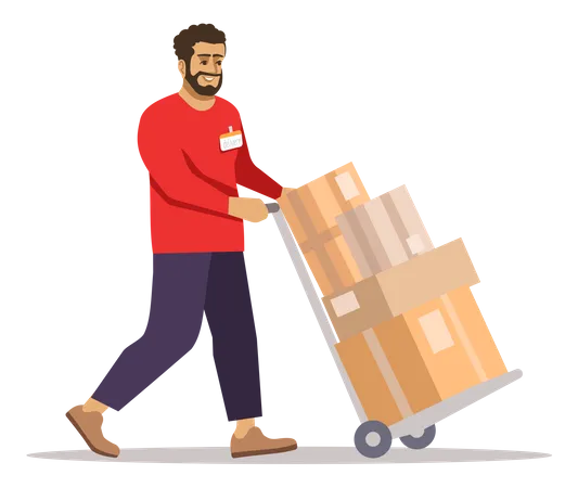 Entregador movendo pacote usando carrinho  Ilustração