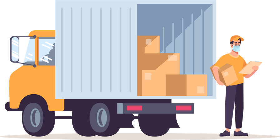 Trabalhador de serviço de entrega carregando caixas em caminhão  Ilustração