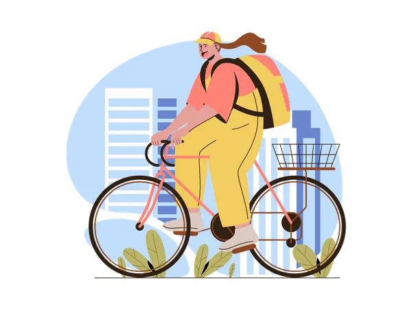 Entregadora com pacote de bicicleta  Ilustração