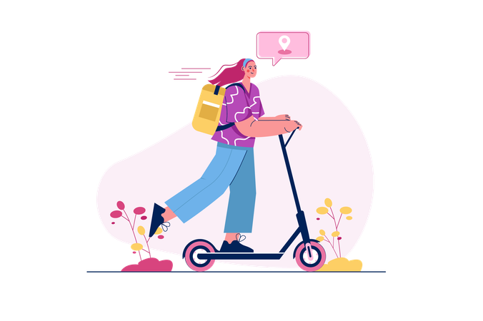 Entregadora em scooter entrega pedido ao cliente  Ilustração