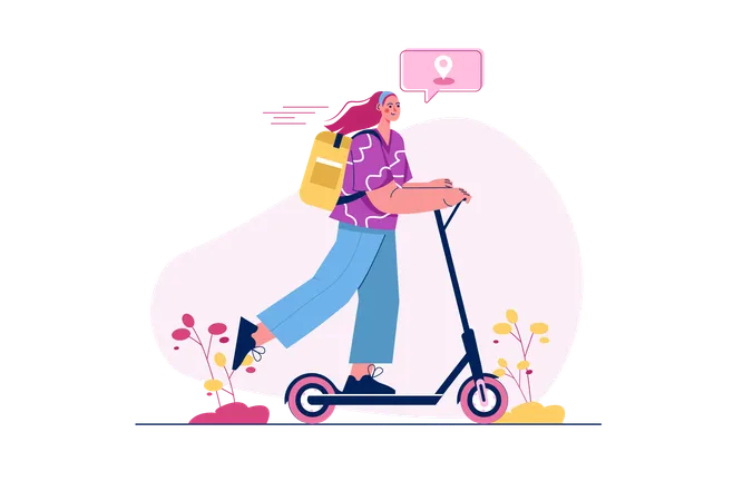 Entregadora em scooter entrega pedido ao cliente  Ilustração