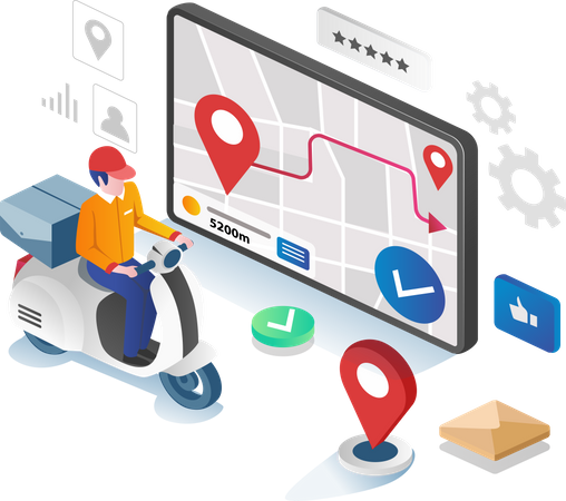 Homem entregando pacote com instruções de aplicativo GPS  Ilustração