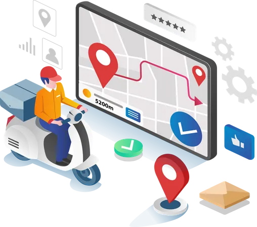 Homem entregando pacote com instruções de aplicativo GPS  Ilustração
