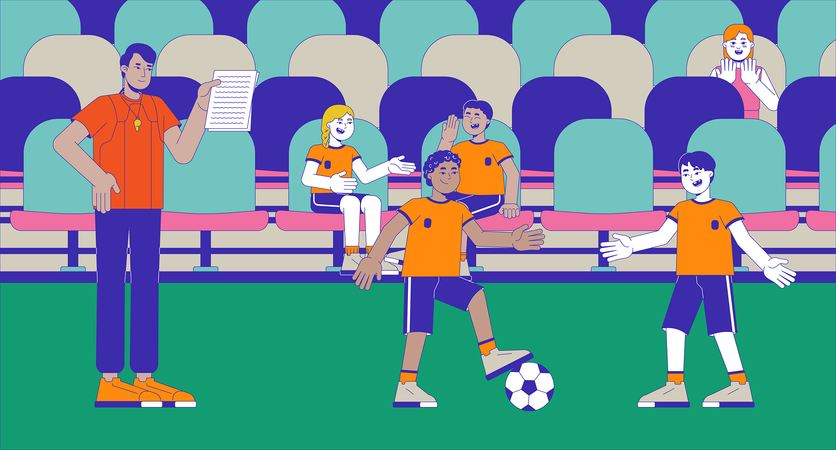 Entrenador de fútbol del estadio con niños practicando  Ilustración