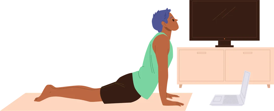 Entrenador de pilates para hombre que transmite en línea una lección de entrenamiento usando una computadora portátil  Ilustración