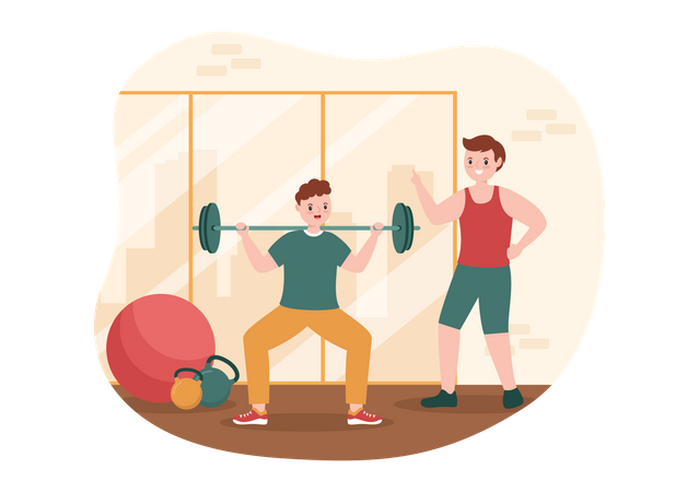 Entrenador masculino entrenando a niño en el gimnasio  Illustration