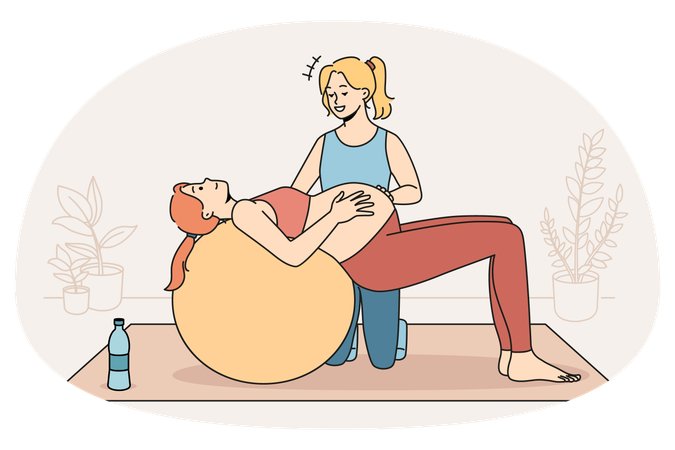 Entrenadora ayuda a mujer embarazada con ejercicio  Ilustración