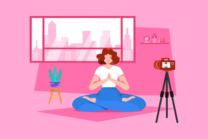 Entrenadora de yoga femenina haciendo streaming en línea  Ilustración