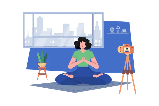 Entrenadora de yoga femenina haciendo streaming en línea  Ilustración