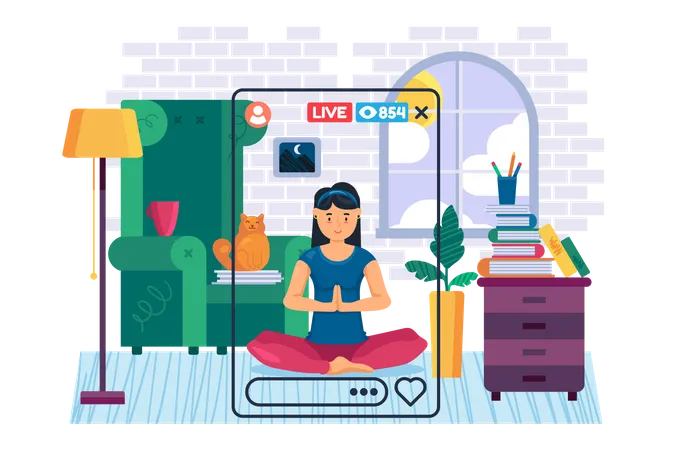 Entrenadora de yoga femenina haciendo transmisión en vivo en las redes sociales  Ilustración