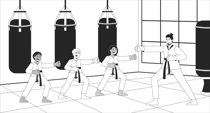 Sensei de karate entrenando a niños  Ilustración