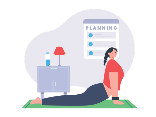 Entrenamiento de mujer según plan de gimnasio.  Illustration
