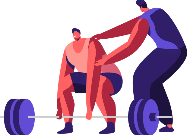 Entrenamiento de levantadores de pesas en el gimnasio con ayuda del entrenador  Ilustración