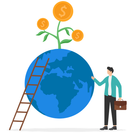 Entrepreneur about to climb up ladder on globe to reach money plant  Illustration