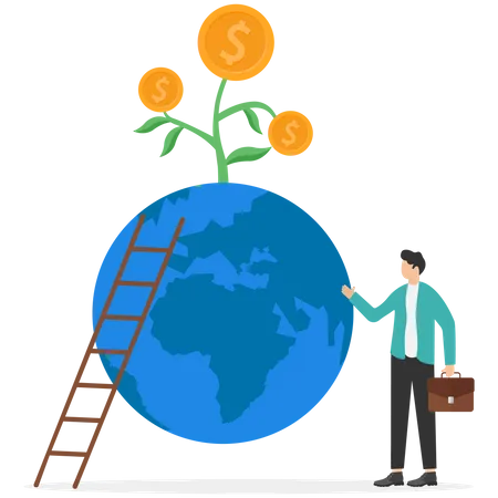 Entrepreneur about to climb up ladder on globe to reach money plant  Illustration