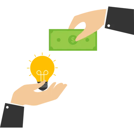 Business Sale Or Merger Deal Concept Auction Idea Fundraising And Venture Capital Shaking Hands With VC On Pile Of Money Coins Entrepreneur Businessman Standing On Idea Light Bulb Illustration