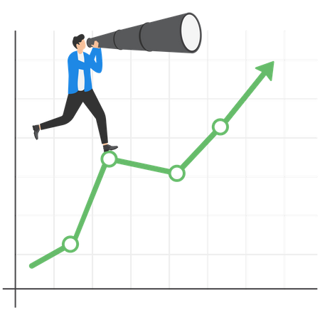 Entrepreneur Climb up rising arrow with big telescope  Illustration